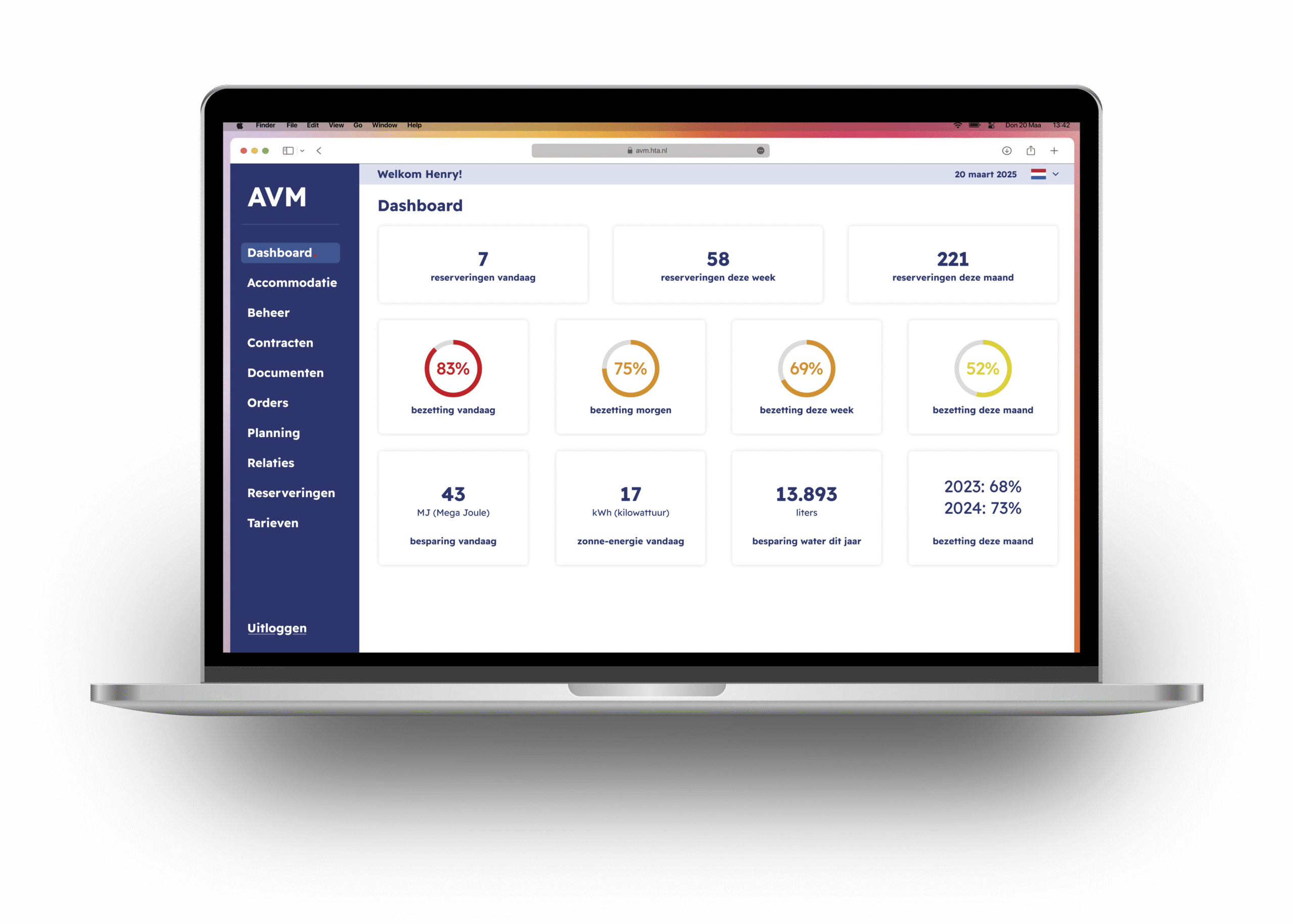 Notebook toont dashboard van reserveringssoftware voor sport- en vergaderlocaties van HTA Software