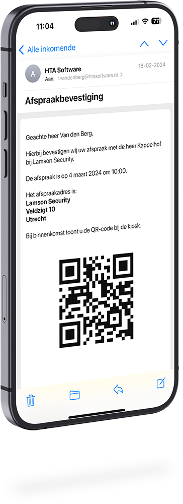Voorbeeld van afspraakbevestiging die getoond wordt op iPhone met QR-code die door een persoon gebruikt kan worden om zichzelf aan te melden bij een infraroodlezer