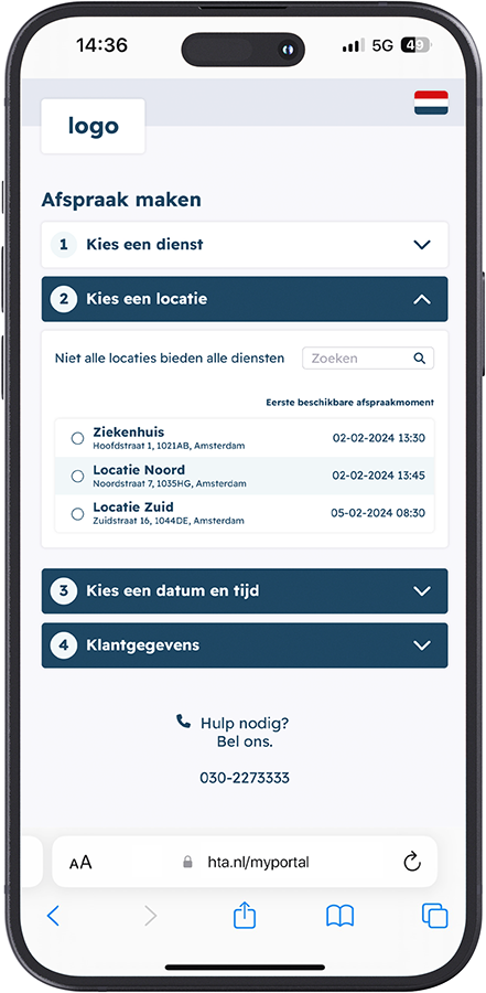 iPhone toont afsprakenportaal met de keuze voor locatie in de zorg