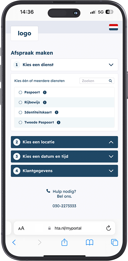 iPhone toont afsprakenportaal voor lokale overheden zoals gemeentes dat is opengeklapt op de locatiekeuze