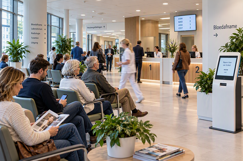 Wachtende mensen bij een bloedafname in een ziekenhuis