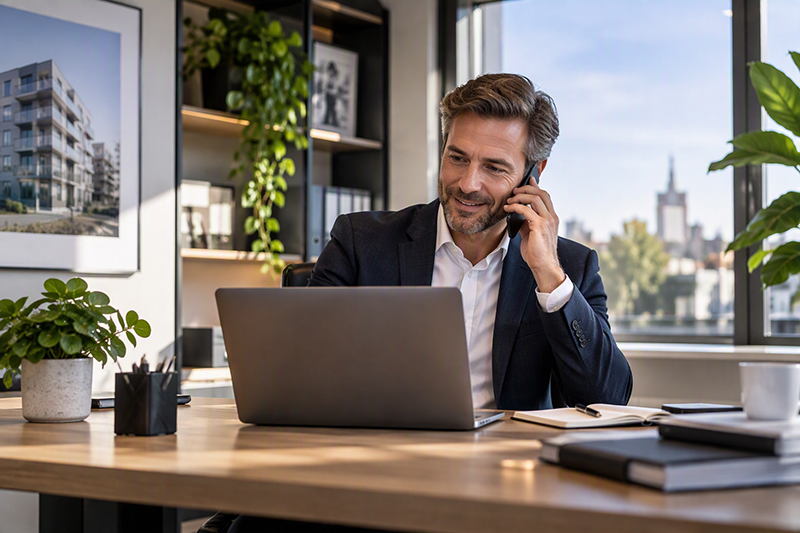 Man kijkt op laptop Intermediaire Verhuur